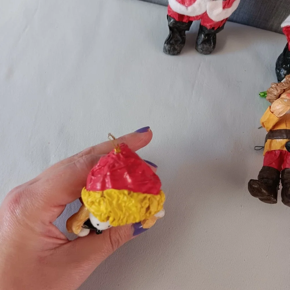 Vintage Paper Mache Christmas Ornaments Set‎ 4 Santa Elf Folk Art Figures Retro